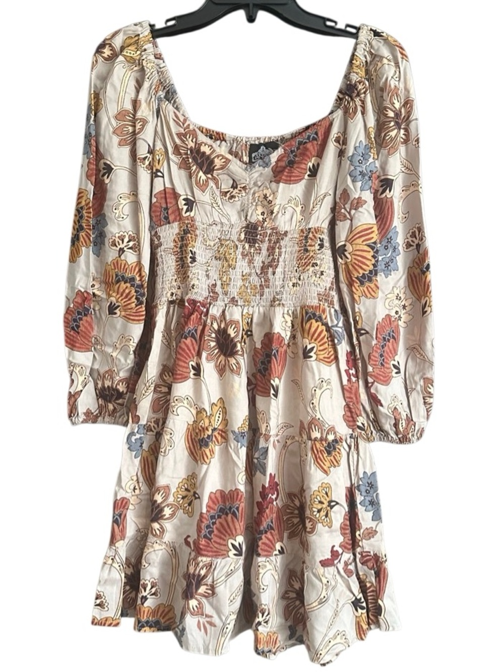 Angie Beige/Brown Ling Sleeve Smocked Floral Print Fall Mini Dress. SizeSmall